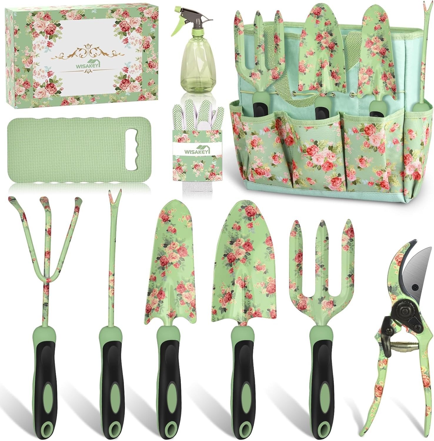 Complete 10-Piece Gardening Kit Set Full view of the WisaKey 10-piece garden tools set, including all items in the kit such as trowels, gloves, and more.