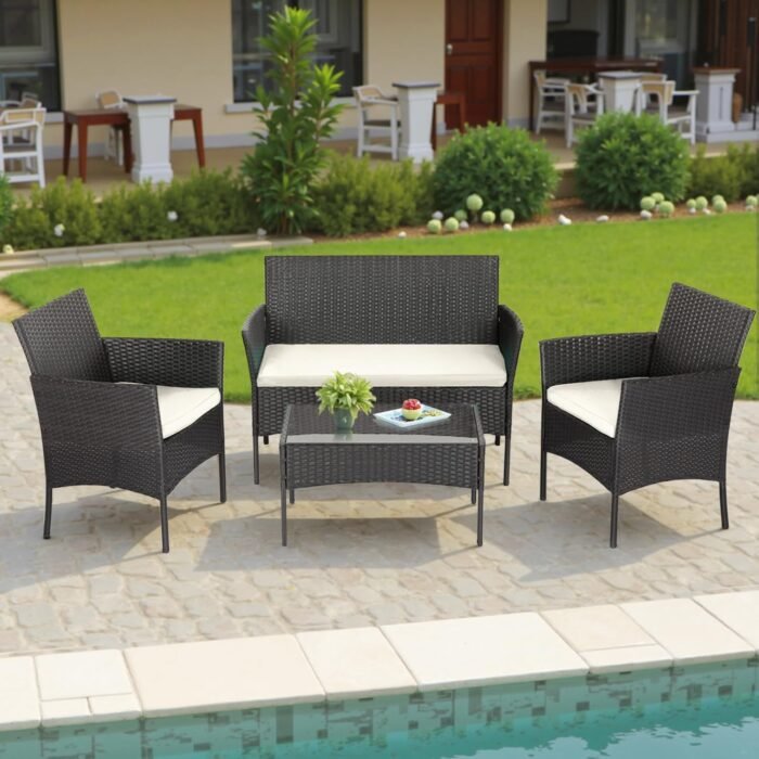 Ergonomic wicker rattan chairs with thick cushions providing comfort and support.