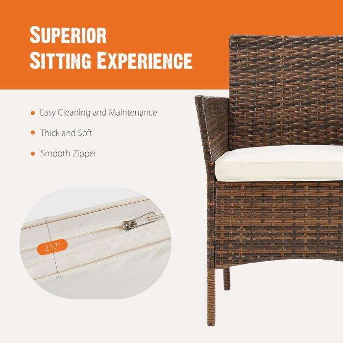 The durable all-weather rattan material ensures long-lasting quality in the Sweetcrispy patio furniture set.