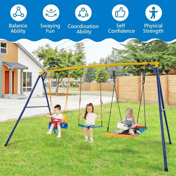 Swing Set for Kids focusing on the large platform swing (51” x 27”) with foam-covered pipes for safety and comfort.